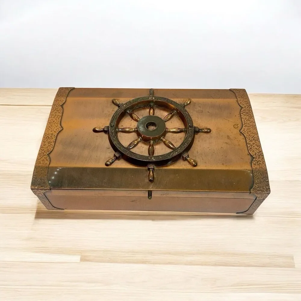 Vintage Jewelry Organizer Nautical Felt Lined Marusho Japanese Copper Box